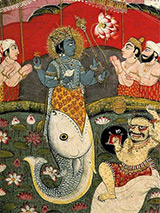 Индийский бог Вишну появляется «из Рыбы» и спасает первочеловека Ману